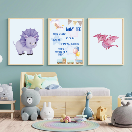 Set of 3 Personalised Nursery Prints Dino