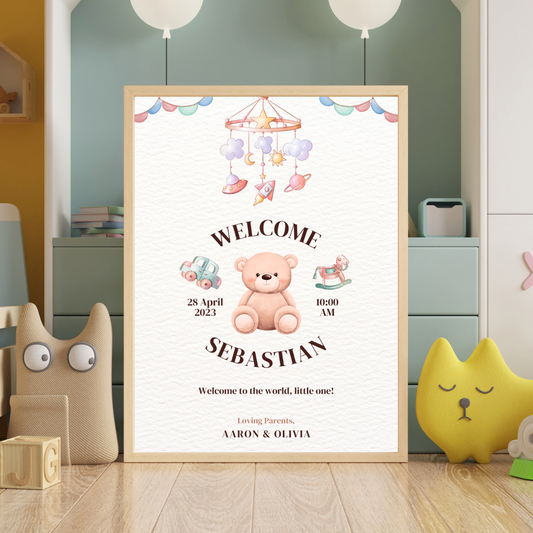 Personalised Welcome Baby Bear Nursery Print